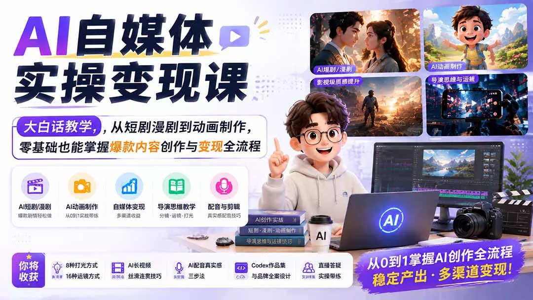 AI自媒体实操变现课｜大白话教学，从短剧漫剧到动画制作，零基础也能掌握爆款内容创作与变现全流程客创社区-专注互联网轻资产资源整合与分享客创社区-专注互联网轻资产资源整合与分享