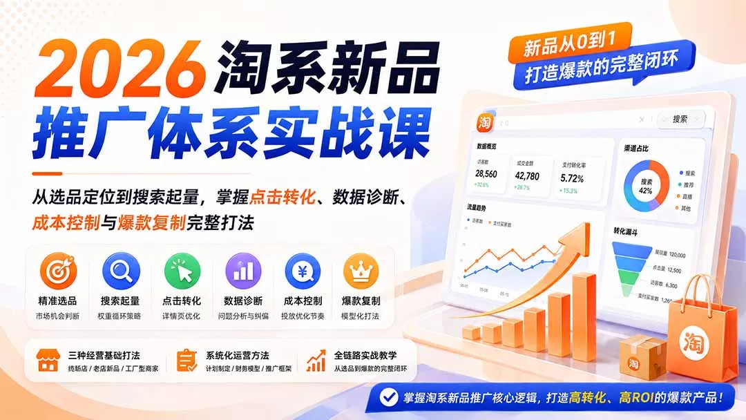2026淘系新品推广体系实战课：从选品定位到搜索起量，掌握点击转化、数据诊断、成本控制与爆款复制完整打法-鱼见海资源网-免费PHP网站源码模板,插件软件网创AI智能体资源分享平台！