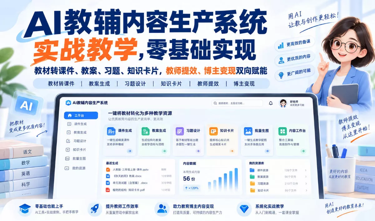 【无水印】AI教辅内容生产系统实战教学，零基础实现教材转课件、教案、习题、知识卡片，教师提效、博主变现双向赋能(更新0926) 《鱼见海科技》-鱼见海资源网-免费PHP网站源码模板,插件软件网创AI智能体资源分享平台！