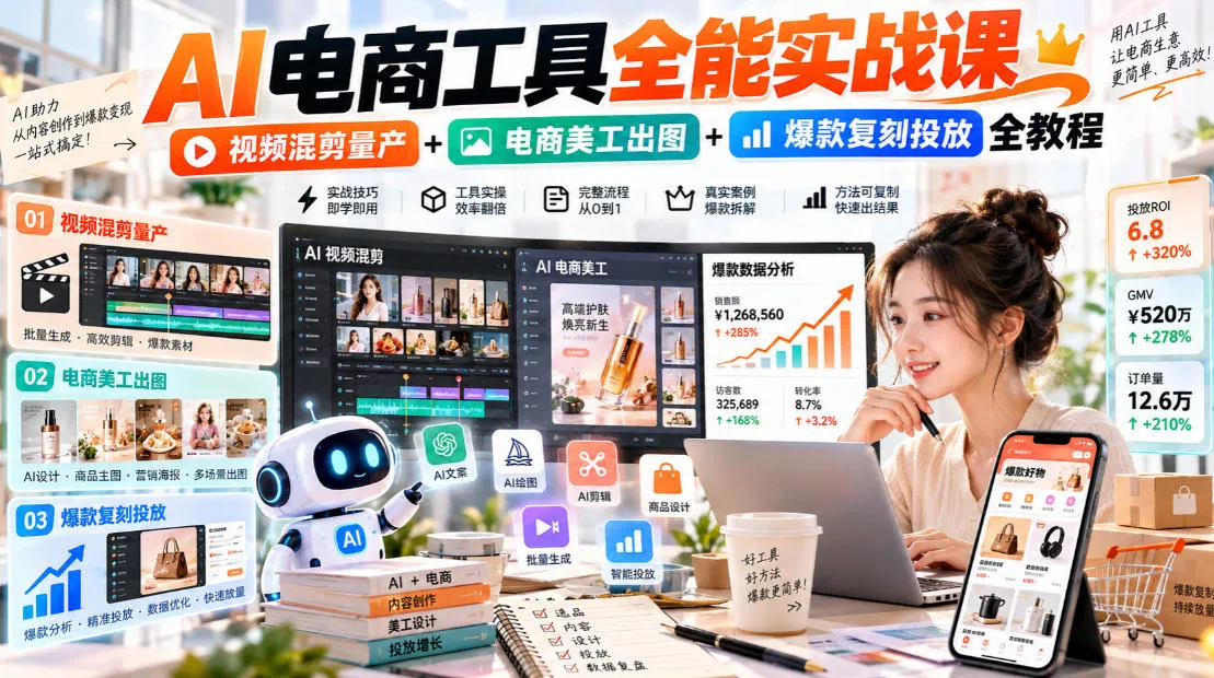 AI电商工具全能实战教学,视频混剪量产+电商美工出图+爆款复刻投放全教程-九九网创