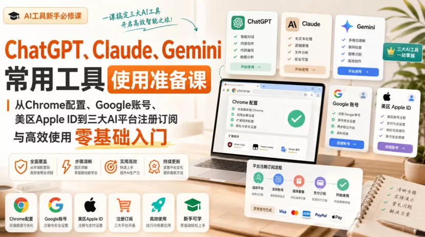 ChatGPT、Claude、Gemini常用工具使用准备课｜从Chrome配置、Google账号、美区Apple ID到三大AI平台注册订阅与高效使用零基础入门 《鱼见海科技》-鱼见海资源网-免费PHP网站源码模板,插件软件网创AI智能体资源分享平台！