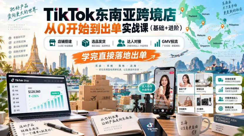 TikTok东南亚跨境店从0开始到出单实战课(基础+进阶)，店铺搭建、选品发货、达人对接、GMV投流，学完直接落地出单 《鱼见海科技》-鱼见海资源网-免费PHP网站源码模板,插件软件网创AI智能体资源分享平台！