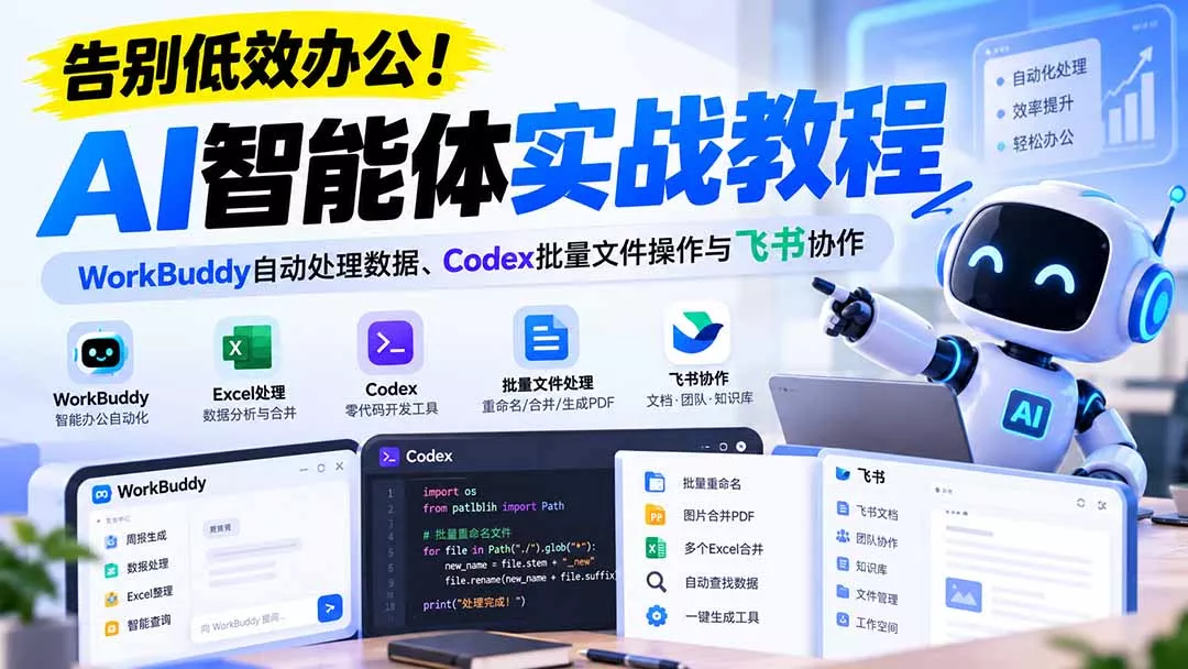【无水印】告别低效办公！《AI智能体实战教程》WorkBuddy自动处理数据、Codex批量文件操作与飞书协作 《鱼见海科技》-鱼见海资源网-免费PHP网站源码模板,插件软件网创AI智能体资源分享平台！