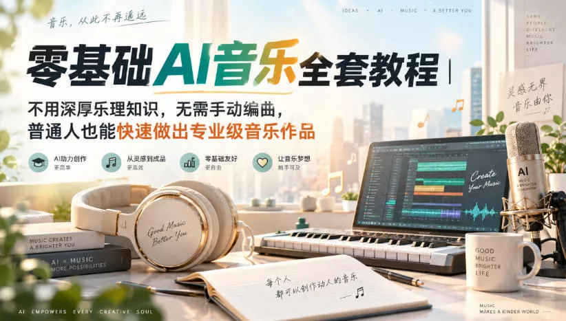 零基础AI音乐全套教程｜不用深厚乐理知识，无需手动编曲，普通人也能快速做出专业级音乐作品 《鱼见海科技》-鱼见海资源网-免费PHP网站源码模板,插件软件网创AI智能体资源分享平台！