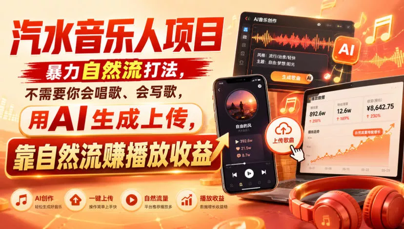 汽水音乐人项目，暴力自然流打法，不需要你会唱歌、会写歌，用AI生成上传，靠自然流賺播放收益-鱼见海资源网-免费PHP网站源码模板,插件软件网创AI智能体资源分享平台！