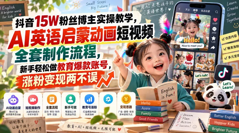 抖音15W粉丝博主实操教学，AI英语启蒙动画短视频全套制作流程，新手轻松做教育爆款账号，涨粉变现两不误 《鱼见海科技》-鱼见海资源网-免费PHP网站源码模板,插件软件网创AI智能体资源分享平台！