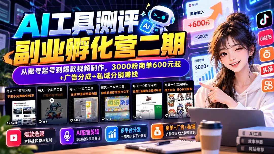 AI工具测评副业孵化营二期：从账号起号到爆款视频制作，3000粉商单600元起+广告分成+私域分销赚钱星享资源网HS游戏库