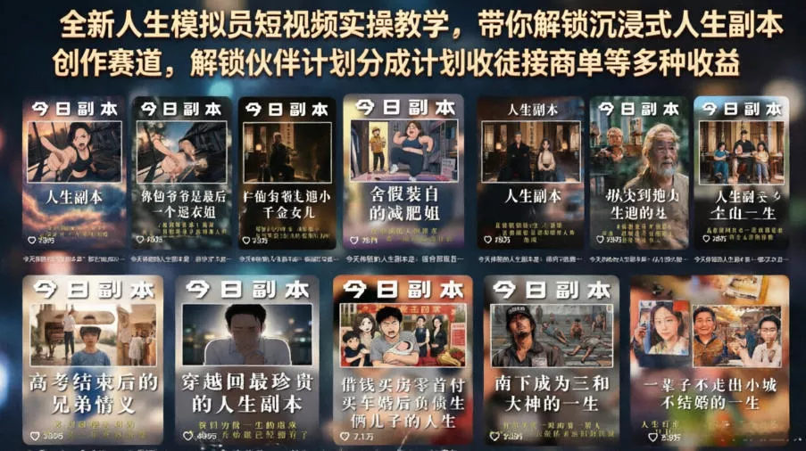 全新人生模拟员短视频实操教学，带你解锁沉浸式人生副本创作赛道，解锁伙伴计划分成计划收徒接商单等多种收益客创社区-专注互联网轻资产资源整合与分享客创社区-专注互联网轻资产资源整合与分享