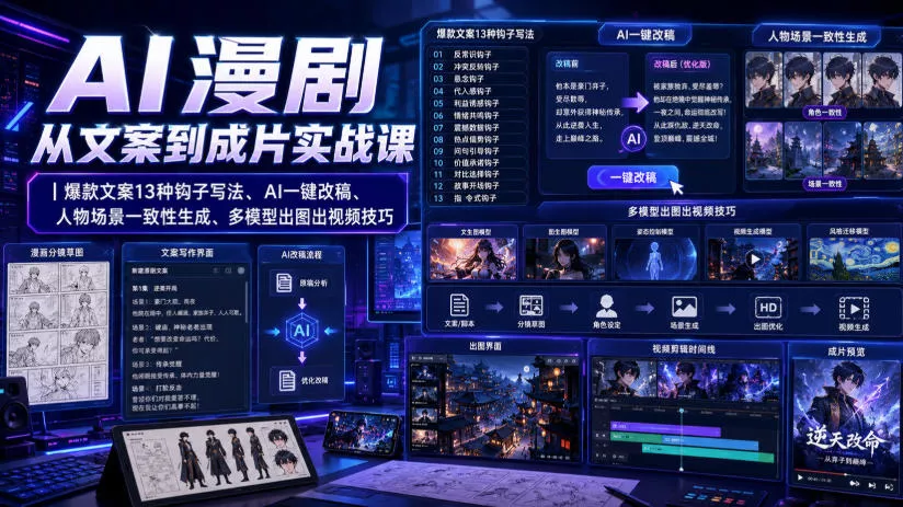AI漫剧从文案到成片实战课｜爆款文案13种钩子写法、AI一键改稿、人物场景一致性生成、多模型出图出视频技巧 《鱼见海科技》-鱼见海资源网-免费PHP网站源码模板,插件软件网创AI智能体资源分享平台！