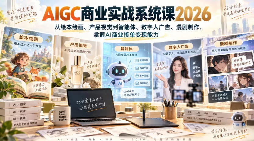 AIGC商业实战系统课2026，从绘本绘画、产品视觉到智能体、数字人广告、漫剧制作，掌握AI商业接单变现能力客创社区-专注互联网轻资产资源整合与分享客创社区-专注互联网轻资产资源整合与分享