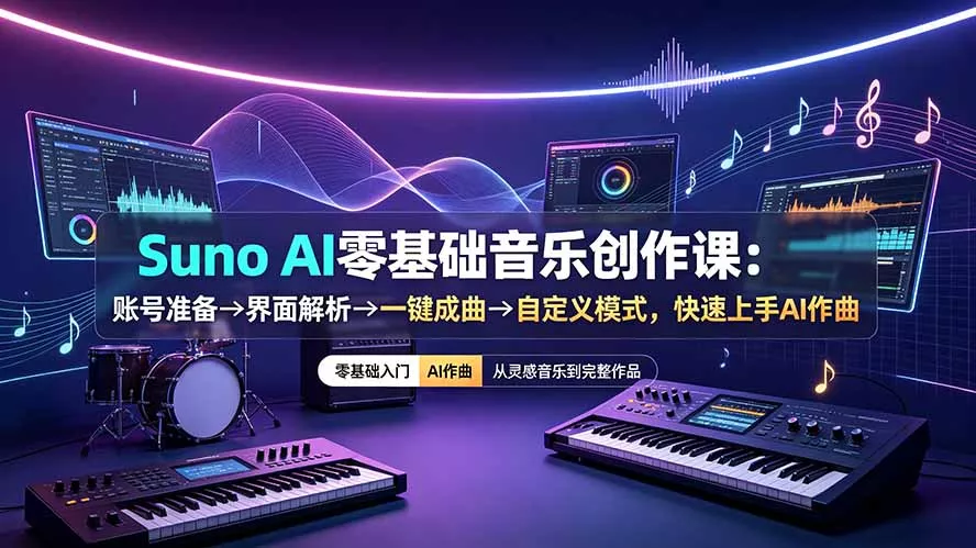 Suno AI零基础音乐创作课：账号准备→界面解析→一键成曲→自定义模式，快速上手AI作曲-软件百科