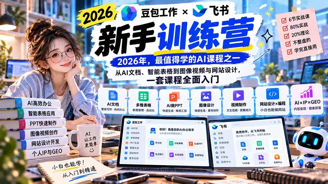 2026豆包工作+飞书新手训练营-9月新课：从AI文档、智能表格到图像视频与网站设计，一套课程全面入门-鱼见海资源网-免费PHP网站源码模板,插件软件网创AI智能体资源分享平台！