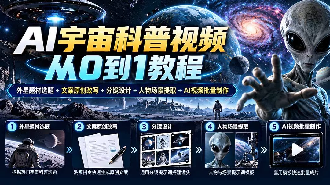 AI宇宙科普视频从0到1教程｜外星题材选题+文案原创改写+分镜设计+人物场景提取+AI视频批量制作星享资源网HS游戏库