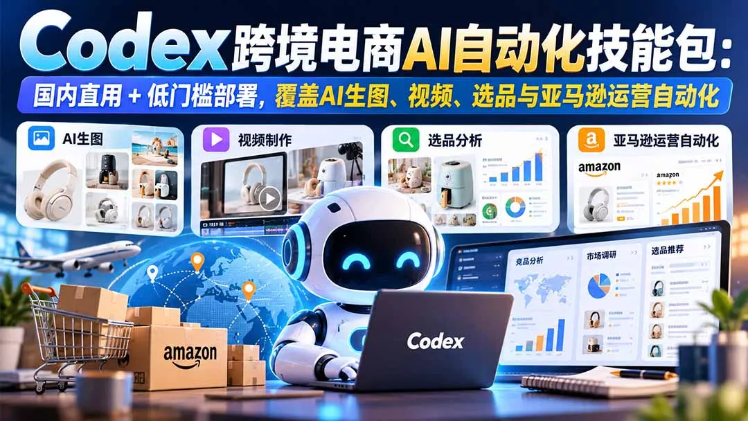 【无水印】Codex跨境电商AI自动化技能包：国内直用+低门槛部署，覆盖AI生图、视频、选品与亚马逊运营自动化客创社区-专注互联网轻资产资源整合与分享客创社区-专注互联网轻资产资源整合与分享