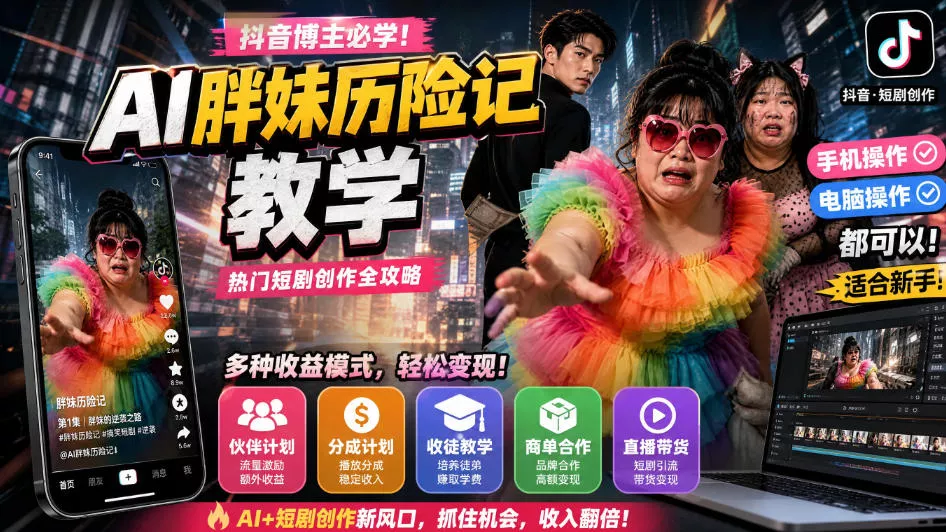 抖音博主的AI胖妹历险记教学，伙伴计划+分成计划+收徒+商单等多种收益，适合新手，手机电脑都可以操作 《鱼见海科技》-鱼见海资源网-免费PHP网站源码模板,插件软件网创AI智能体资源分享平台！