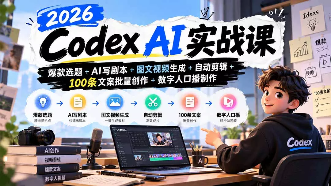 2026Codex AI实战课：爆款选题+AI写剧本+图文视频生成+自动剪辑+100条文案批量创作+数字人口播制作-鱼见海资源网-免费PHP网站源码模板,插件软件网创AI智能体资源分享平台！