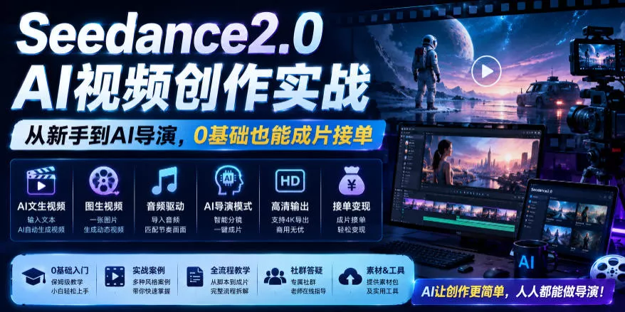 Seedance2.0 AI视频创作实战，从新手到AI导演，0基础也能成片接单变现客创社区-专注互联网轻资产资源整合与分享客创社区-专注互联网轻资产资源整合与分享
