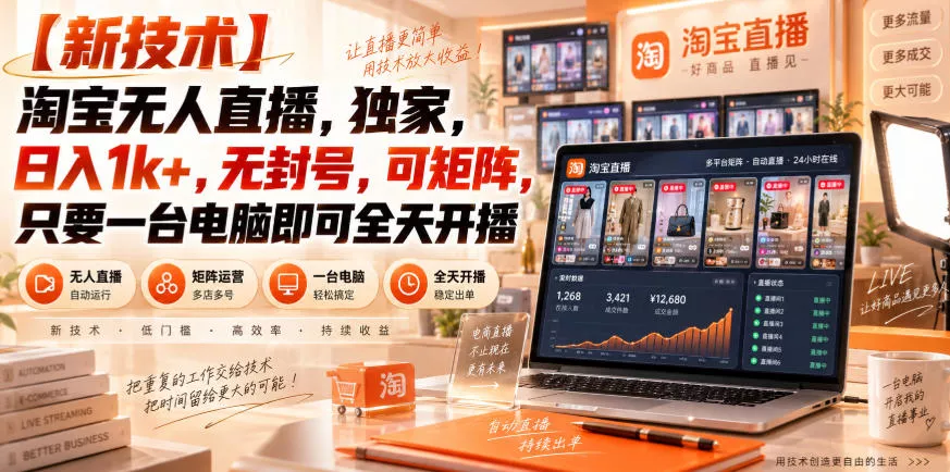 【独家新技术】淘宝无人直播，日入1k+，无账号限制，可矩阵，只要一台电脑即可全天开播【揭秘】 《鱼见海科技》-鱼见海资源网-免费PHP网站源码模板,插件软件网创AI智能体资源分享平台！