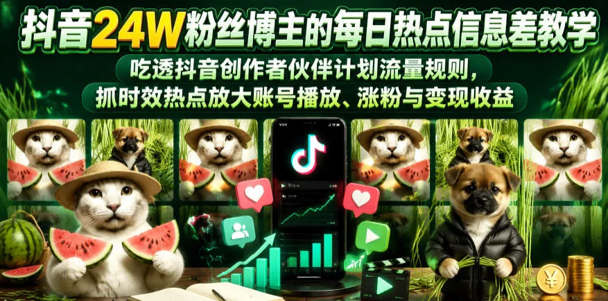 抖音24W粉丝博主的每日热点信息差教学，吃透创作者伙伴计划流量规则，抓时效热点放大账号播放、涨粉与变现收益 《鱼见海科技》-鱼见海资源网-免费PHP网站源码模板,插件软件网创AI智能体资源分享平台！