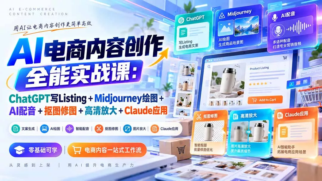 【无水印】AI电商内容创作全能实战课:ChatGPT写Listing+Midjourney绘图+AI配音+抠图修图+高清放大+Claude应用 【无水印】AI电商内容创作全能实战课:ChatGPT写Listing+Midjourney绘图+AI配音+抠图修图+高清放大+Claude应用