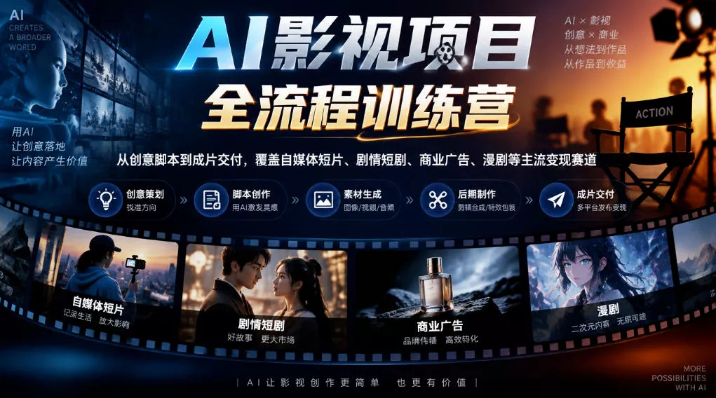 AI影视项目全流程训练营，从创意脚本到成片交付，覆盖自媒体短片、剧情短剧、商业广告、漫剧等主流变现赛道 《鱼见海科技》-鱼见海资源网-免费PHP网站源码模板,插件软件网创AI智能体资源分享平台！