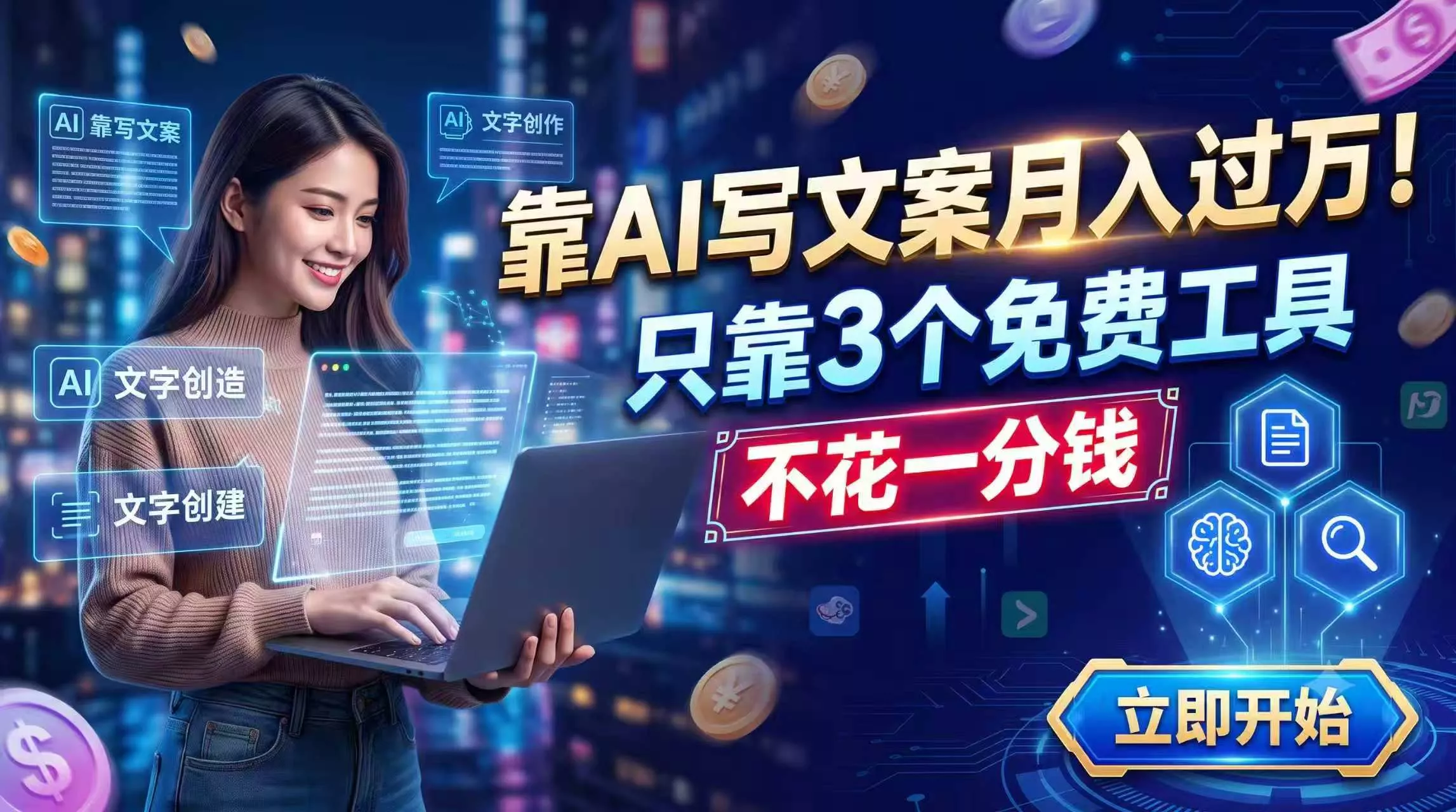 靠AI写文案月入过万，只靠3个免费工具，不花一分钱客创社区-专注互联网轻资产资源整合与分享客创社区-专注互联网轻资产资源整合与分享