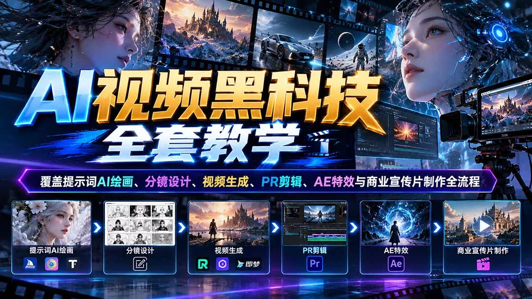 AI视频黑科技全套教学：覆盖提示词AI绘画、分镜设计、视频生成、PR剪辑、AE特效与商业宣传片制作全流程