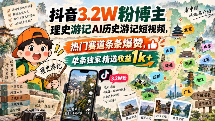 抖音3.2W粉博主理史游记AI历史游记短视频教学，热门赛道条条爆赞，单条独家精选收益1k+ 《鱼见海科技》-鱼见海资源网-免费PHP网站源码模板,插件软件网创AI智能体资源分享平台！