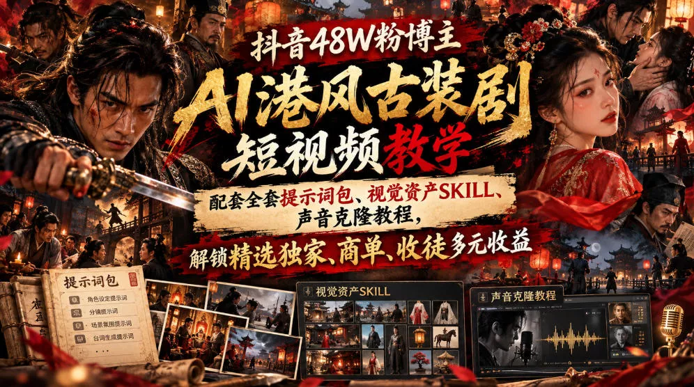抖音48W粉博主AI港风古装剧短视频教学，配套全套提示词包、视觉资产SKILL、声音克隆教程，解锁精选独家、商单、收徒多元收益 《鱼见海科技》-鱼见海资源网-免费PHP网站源码模板,插件软件网创AI智能体资源分享平台！