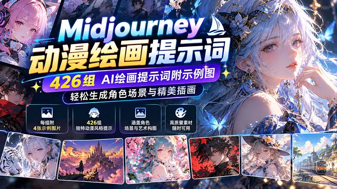 Midjourney动漫绘画提示词：426组AI绘画提示词附示例图，轻松生成角色场景与精美插画客创社区-专注互联网轻资产资源整合与分享客创社区-专注互联网轻资产资源整合与分享