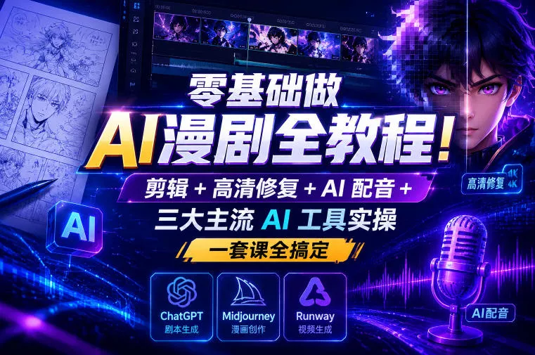 零基础做AI漫剧全教程！剪辑+高清修复+AI配音+三大主流AI工具实操，一套课全搞定客创社区-专注互联网轻资产资源整合与分享客创社区-专注互联网轻资产资源整合与分享
