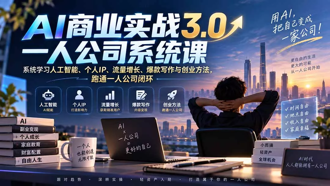 AI商业实战3.0一人公司系统课：系统学习人工智能、个人IP、流量增长、爆款写作与创业方法，跑通一人公司闭环 《鱼见海科技》-鱼见海资源网-免费PHP网站源码模板,插件软件网创AI智能体资源分享平台！