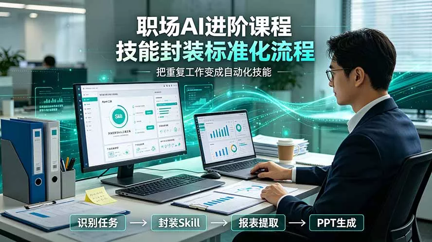 职场AI进阶课程；多类实用Skill工具实操，专属技能封装标准化流程，报表行业报告一键提取核心内容客创社区-专注互联网轻资产资源整合与分享客创社区-专注互联网轻资产资源整合与分享