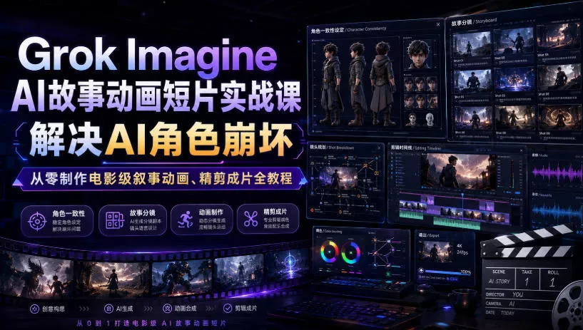 Grok Imagine AI故事动画短片实战课｜解决AI角色崩坏，从零制作电影级叙事动画、精剪成片全教程(中英字幕)-鱼见海资源网-免费PHP网站源码模板,插件软件网创AI智能体资源分享平台！