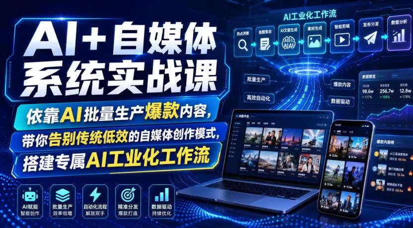 AI+自媒体系统实战课，依靠AI批量生产爆款内容，带你告别传统低效的自媒体创作模式，搭建专属AI工业化工作流主用 -、辅助 +中赚AI网