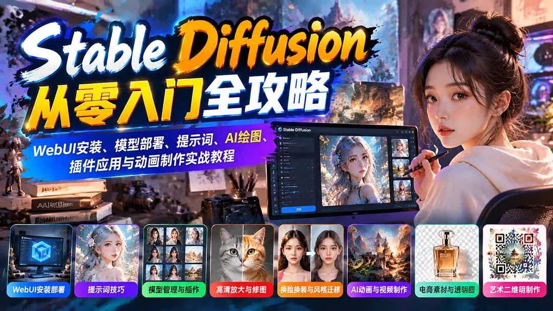 Stable Diffusion从零入门全攻略：WebUI安装、模型部署、提示词、AI绘图、插件应用与动画制作实战教程客创社区-专注互联网轻资产资源整合与分享客创社区-专注互联网轻资产资源整合与分享