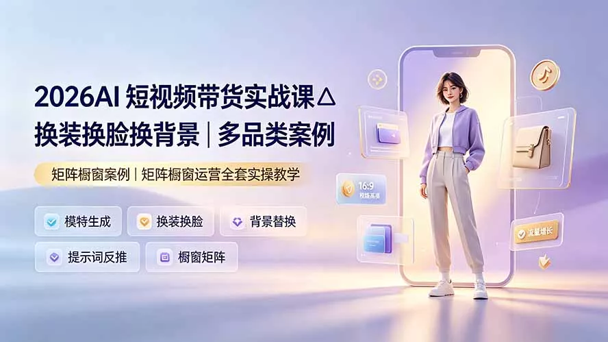 2026AI短视频带货实战课△换装换脸换背景｜多品类案例｜矩阵橱窗运营全套实操教学客创社区-专注互联网轻资产资源整合与分享客创社区-专注互联网轻资产资源整合与分享