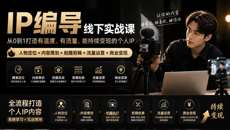 【无水印】IP编导线下实战课，从人物定位到短视频拍摄剪辑，全流程打造有温度、有流量、能持续变现的个人IP内容 《鱼见海科技》-鱼见海资源网-免费PHP网站源码模板,插件软件网创AI智能体资源分享平台！