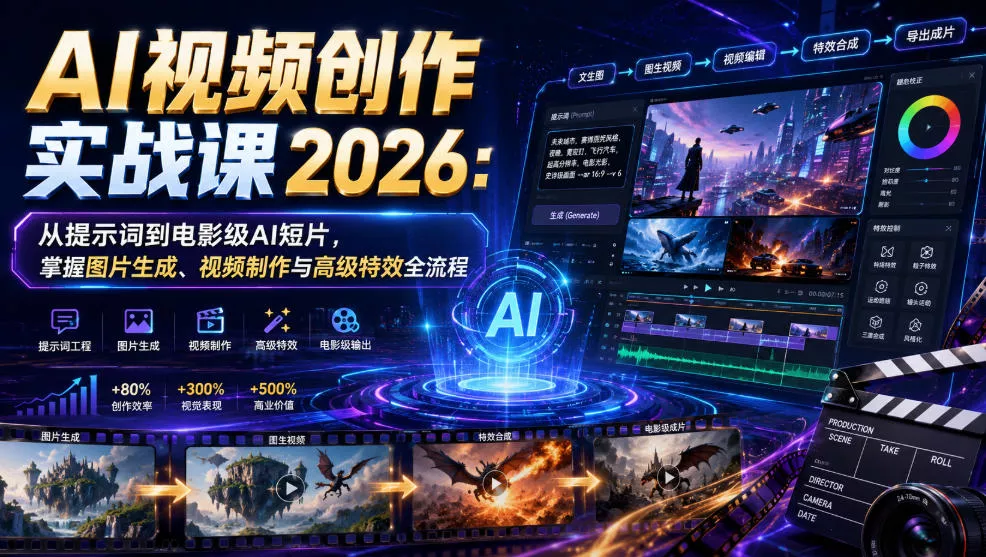AI视频创作实战课2026：从提示词到电影级AI短片，掌握图片生成、视频制作与高级特效全流程客创社区-专注互联网轻资产资源整合与分享客创社区-专注互联网轻资产资源整合与分享