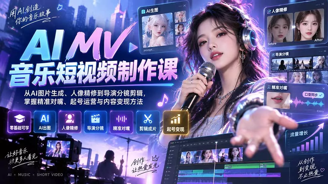 AI MV音乐短视频制作课：从AI图片生成、人像精修到导演分镜剪辑，掌握精准对嘴、起号运营与内容变现方法客创社区-专注互联网轻资产资源整合与分享客创社区-专注互联网轻资产资源整合与分享