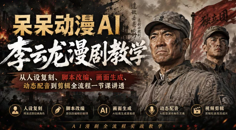 呆呆动漫AI李云龙漫剧教学，从人设复刻、脚本改编、画面生成、动态配音到剪辑全流程一节课讲透客创社区-专注互联网轻资产资源整合与分享客创社区-专注互联网轻资产资源整合与分享