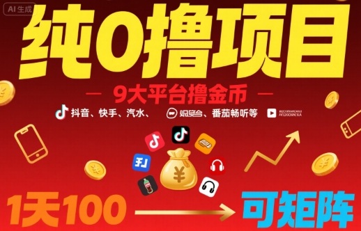 纯0撸项目，9大平台撸金币，抖音，快手，汽水，番茄畅听等，1天100，可矩阵客创社区-专注互联网轻资产资源整合与分享客创社区-专注互联网网络项目资源整合与分享