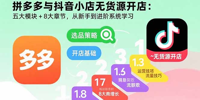 拼多多与抖音小店无货源开店：五大模块+8大章节，从新手到进阶系统学习客创社区-专注互联网轻资产资源整合与分享客创社区-专注互联网轻资产资源整合与分享