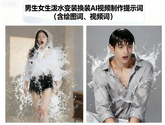 男生女生泼水变装换装AI视频制作提示词(含绘图词、视频词)客创社区-专注互联网轻资产资源整合与分享客创社区-专注互联网轻资产资源整合与分享