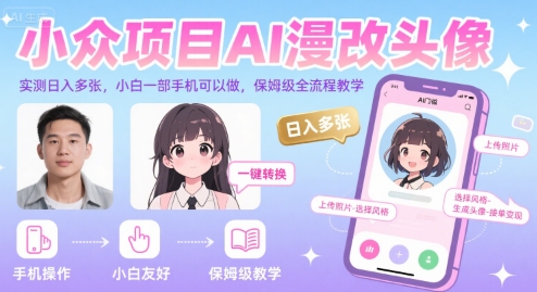 小众项目AI漫改头像，实测日入多张，小白一部手机可以做，保姆级全流程教学客创社区-专注互联网轻资产资源整合与分享客创社区-专注互联网轻资产资源整合与分享