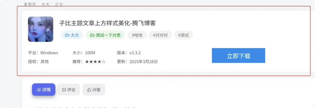 子比主题 – 文章主内容详细信息样式