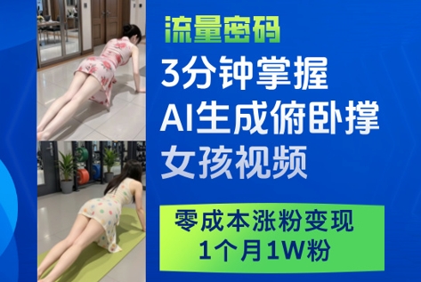 3分钟掌握AI生成俯卧撑女孩视频，零成本涨粉变现，1个月1W粉客创社区-专注互联网轻资产资源整合与分享客创社区-专注互联网轻资产资源整合与分享