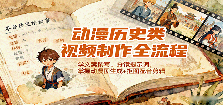 动漫历史类视频制作全流程，学文案撰写、分镜提示词，掌握动漫图生成+抠图配音剪辑客创社区-专注互联网轻资产资源整合与分享客创社区-专注互联网轻资产资源整合与分享
