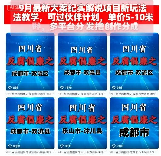 9月最新大案纪实解说项目新玩法教学，可过伙伴计划，单价5-10米，多平台分发撸创作分成客创社区-专注互联网轻资产资源整合与分享客创社区-专注互联网轻资产资源整合与分享