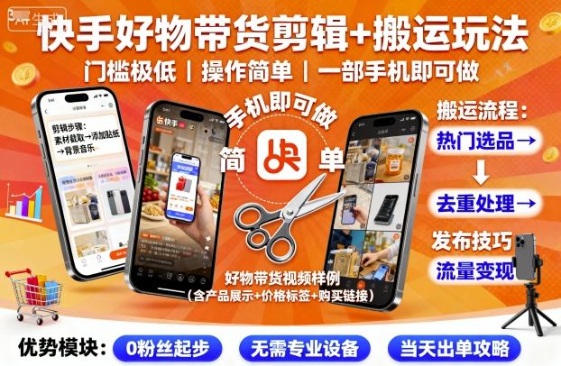 快手好物带货剪辑+搬运玩法，门槛极低，操作简单，一部手机即可玩做客创社区-专注互联网轻资产资源整合与分享客创社区-专注互联网轻资产资源整合与分享